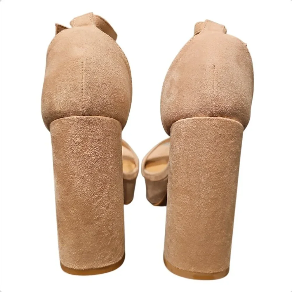 Beige Faux Suede Platform Block Heel Sandals With Adjustable Ankle Strap - Picture 5 of 6